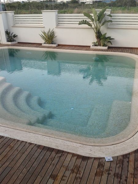 Piscina in giardino con acqua tranquilla, terrazza in legno e recinzione bianca con piante.