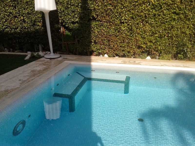 Piscina in giardino con acqua turchese, scalini integrati, una siepe sullo sfondo e un galleggiante bianco.