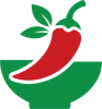 Green chili pepper logo with leaves in a white bowl on a green background