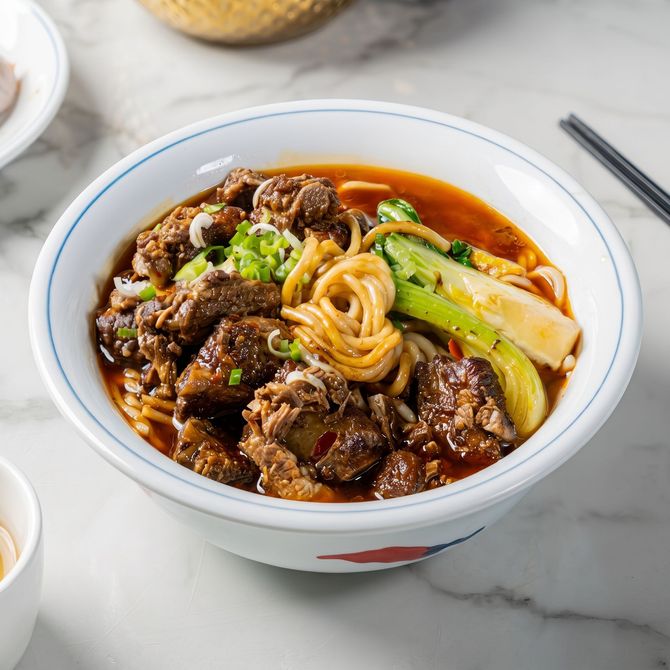 Bowl of beef noodle soup with greens and chili broth on a white table