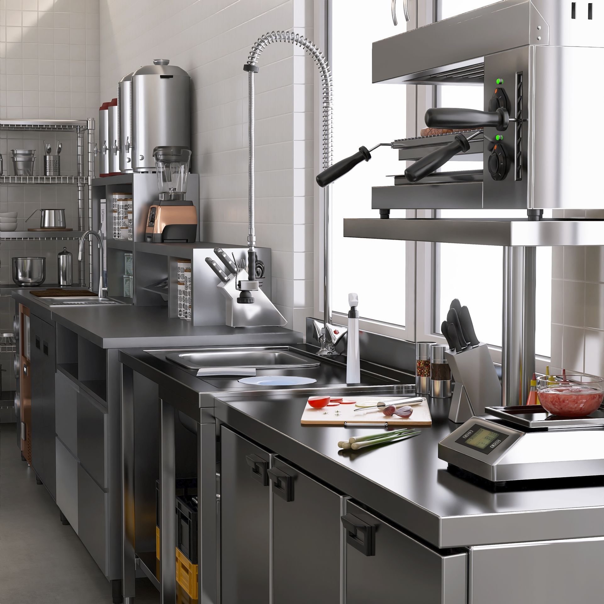 Modern commercial kitchen with stainless steel counters, espresso machine, and cooking equipment