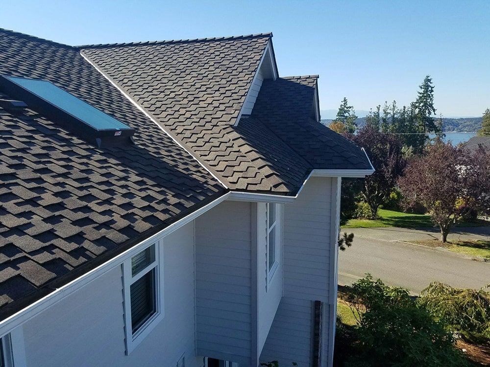 an aerial view of a house with a roof and a skylight .