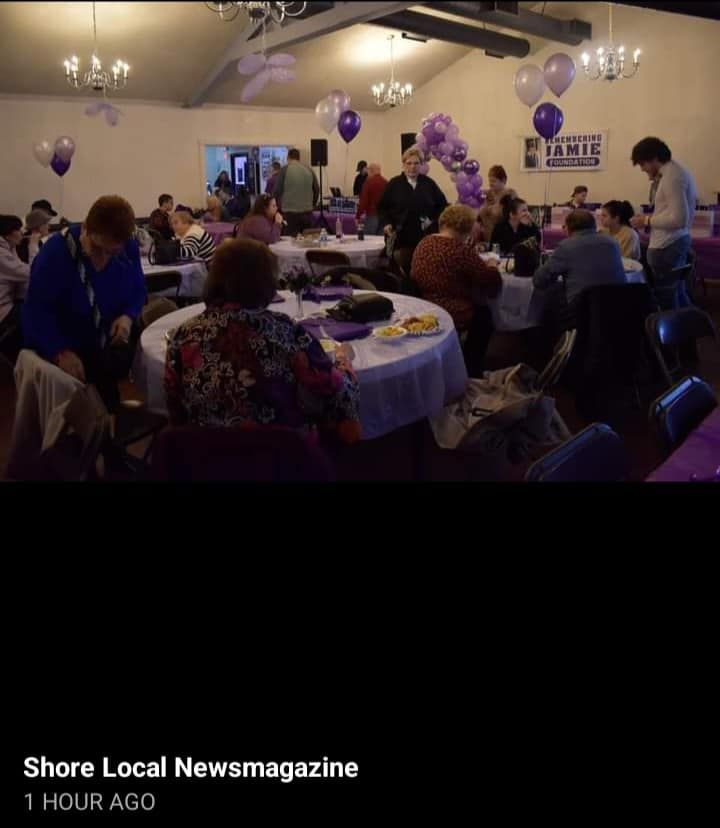 a group of people are sitting at tables with balloons hanging from the ceiling ..