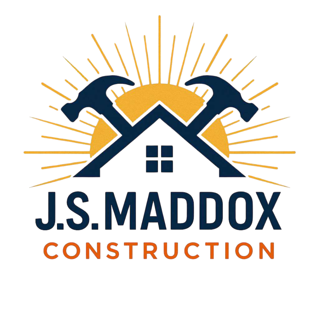 Logo for J.S. Maddox Construction featuring two crossed hammers and a roof silhouette against a yellow sunburst.