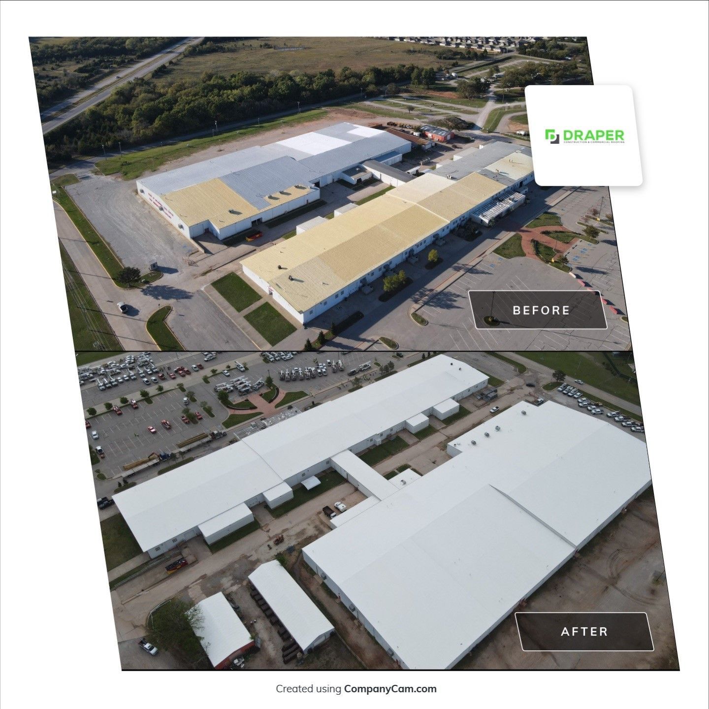 Before and after aerial views of a building, showing a roof restoration project.