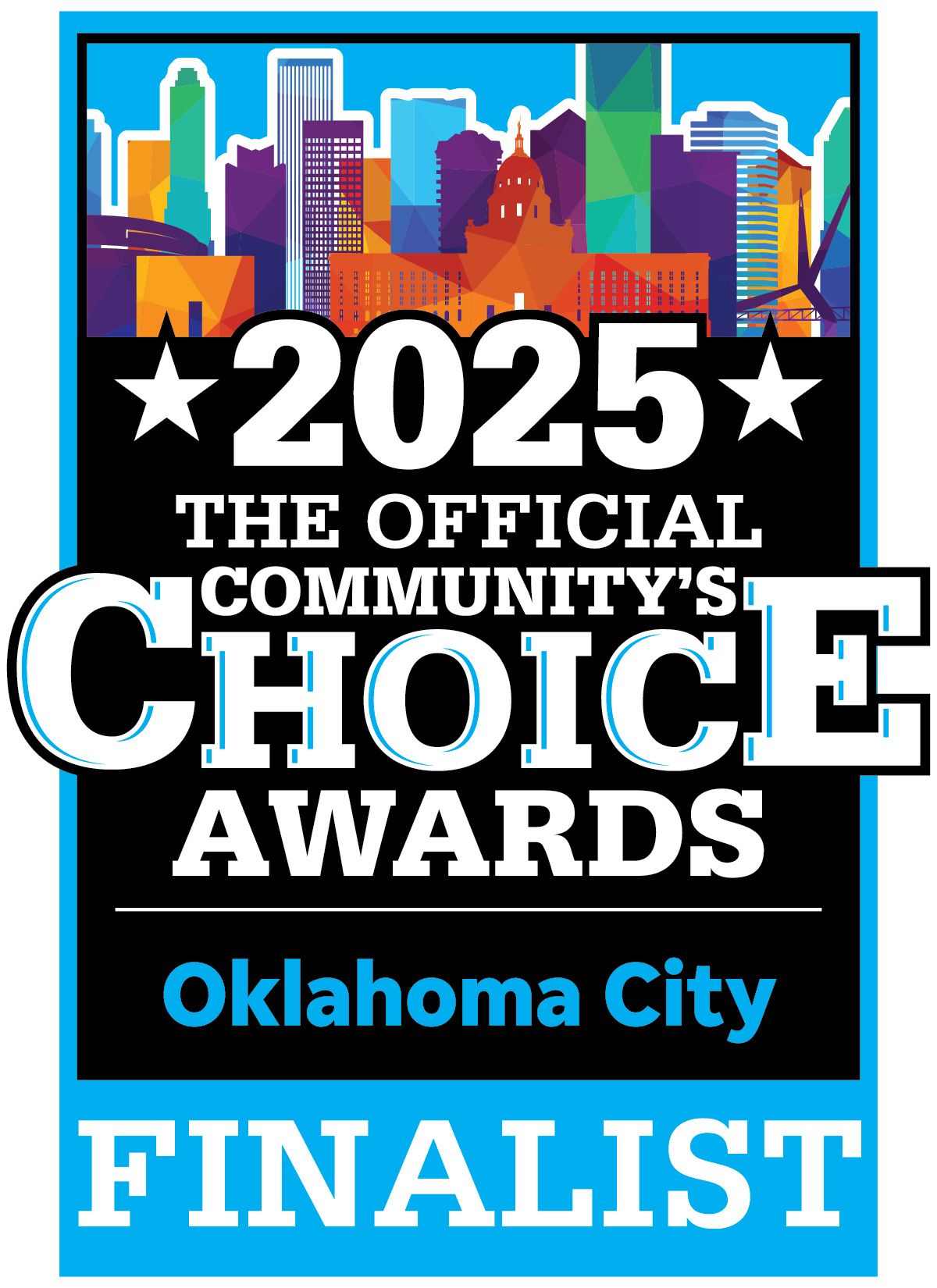 2025 The Official Community's Choice Awards finalist badge for Oklahoma City, featuring a colorful city skyline.