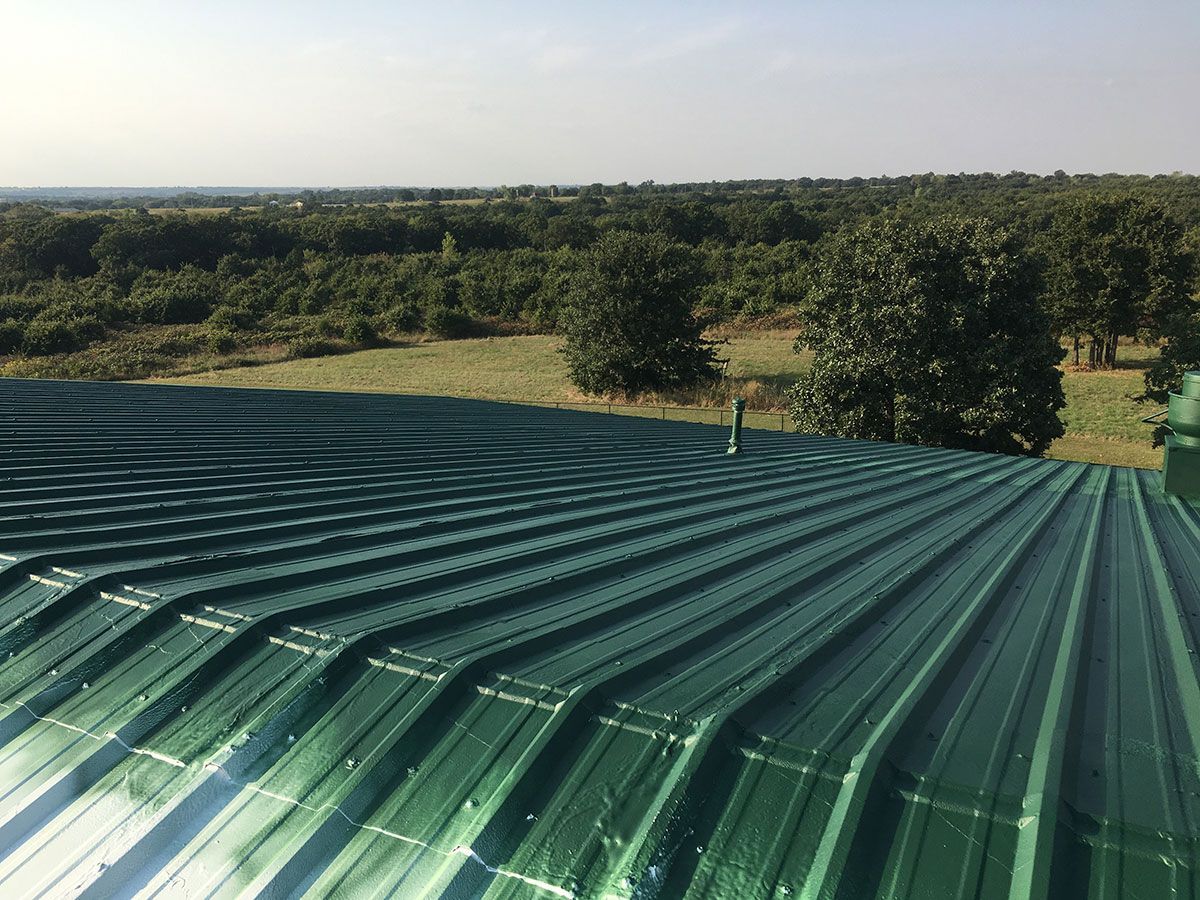 Green corrugated metal roof overlooking a green field and treeline under a clear sky.