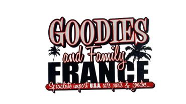 Logo de Goodies and Family France avec texte sur un contour noir de palmiers : « Goodies and Family France », spécialisé dans les pièces automobiles américaines.