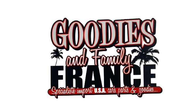 Logo pour Goodies and Family France, texte noir avec contour rouge, palmiers.