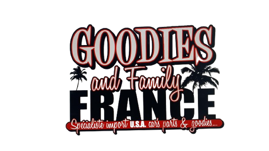 Logo pour Goodies and Family France, texte noir avec contour rouge, palmiers.