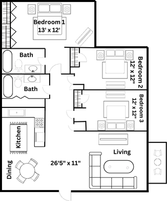 A floor plan of a house with two bedrooms and a bathroom.