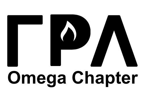 Black Gamma Rho Lambda logo with flame inside the Rho and the words “Omega Chapter.”