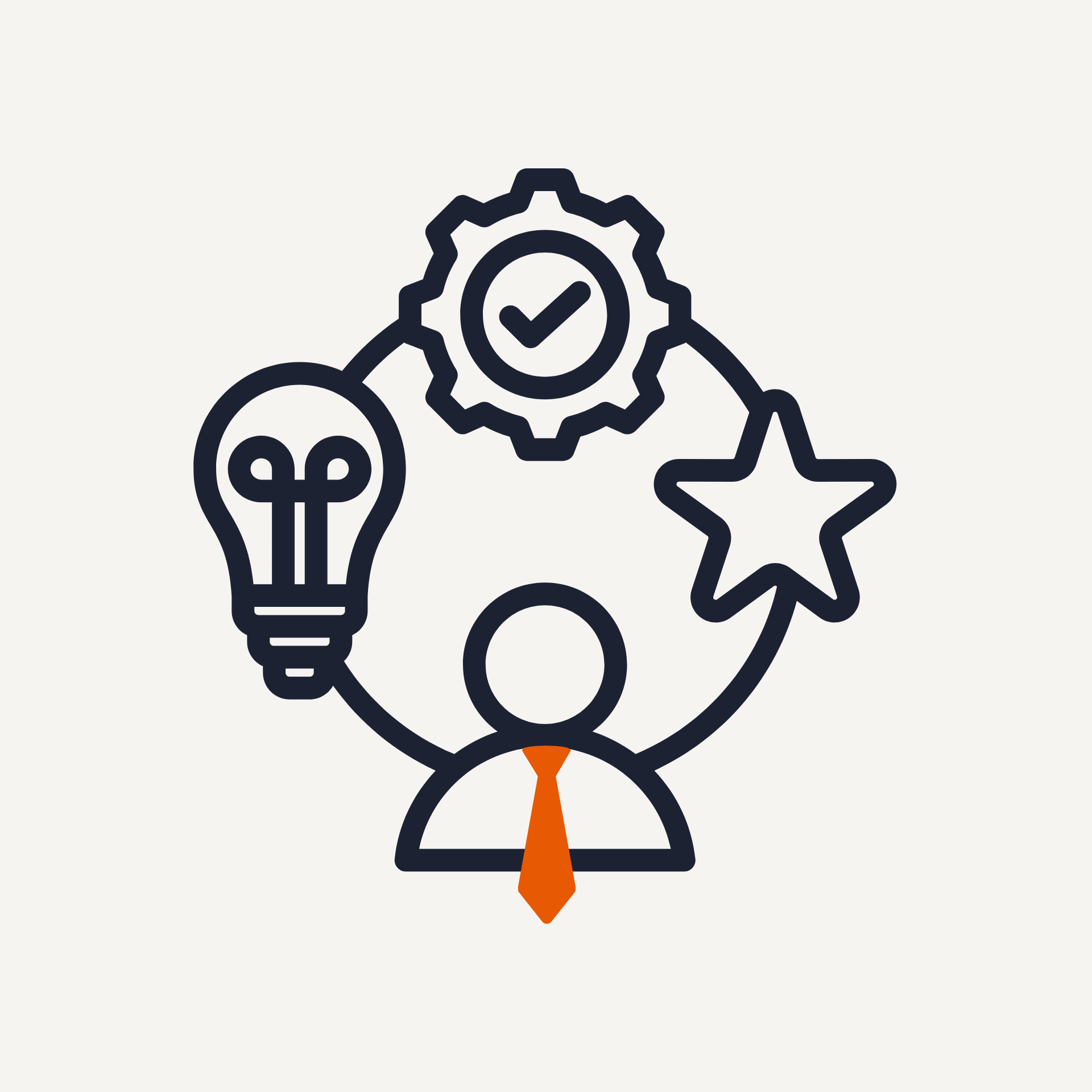 Person with orange tie surrounded by a lightbulb, gear, and star, signifying ideas, productivity, and achievement.