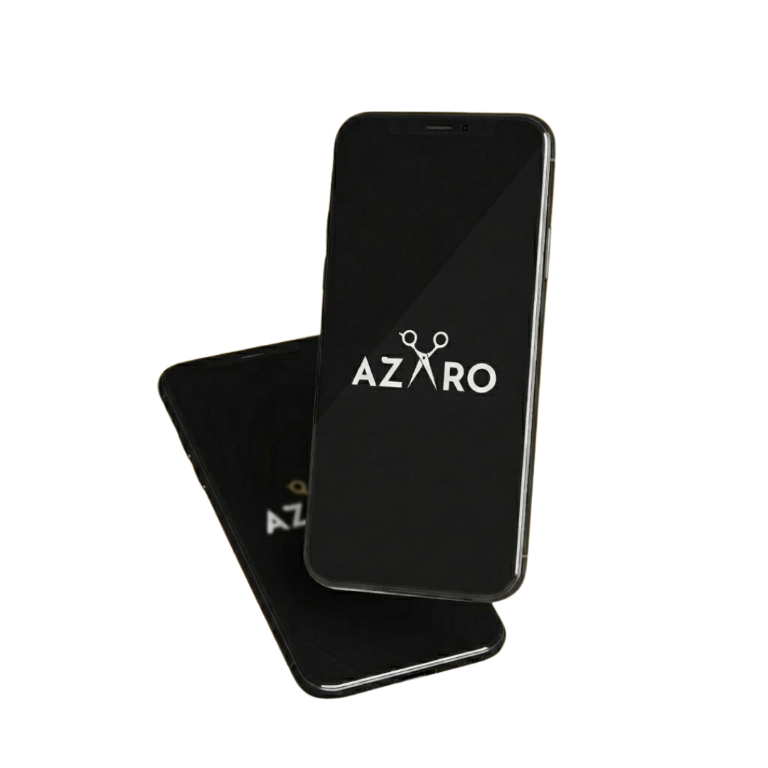 Dos teléfonos inteligentes negros aplicacion AZARO apilados sobre un fondo blanco.