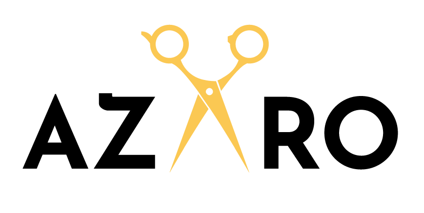 Logotipo de AZRO con tijeras doradas estilizadas que forman la letra A.