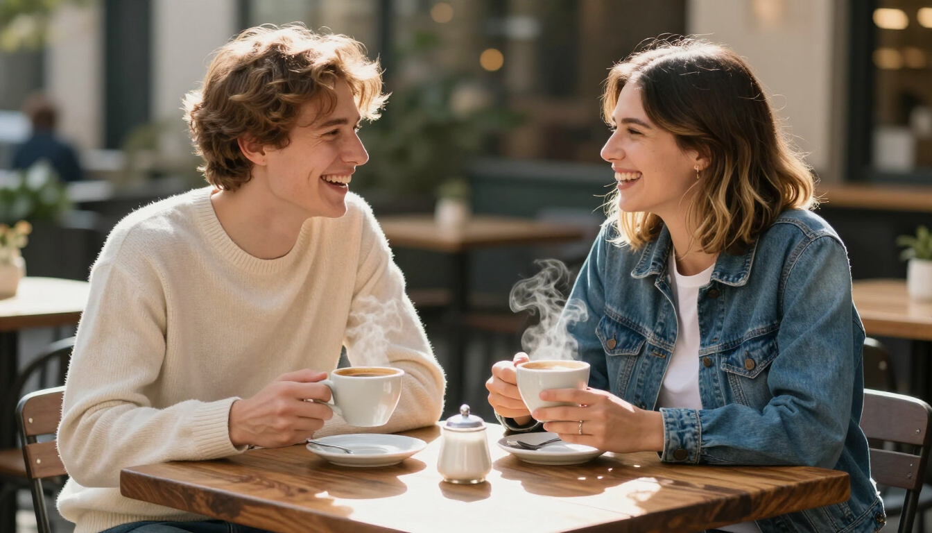 Two friends smiling and talking over coffee at an outdoor café table.
