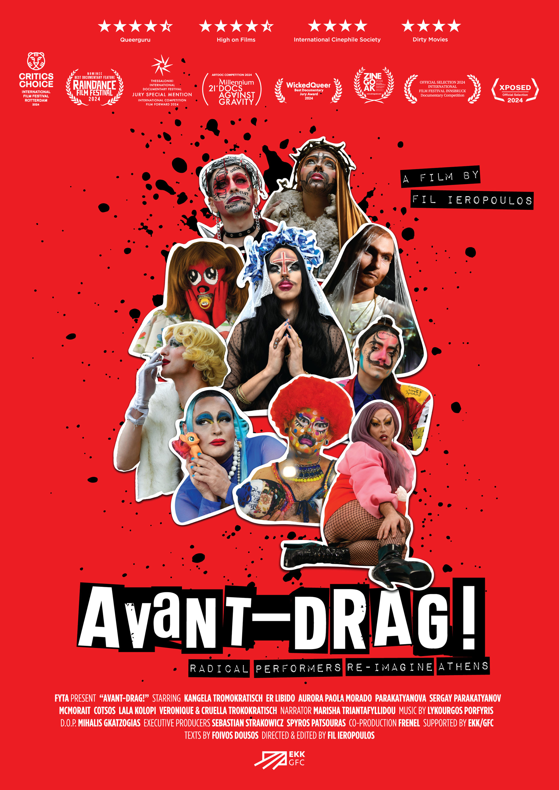Avant-Drag! Filmplakat: Neun Drag-Performer vor einem roten Hintergrund mit schwarzen Spritzern. Fettgedruckter Text und Auszeichnungen.