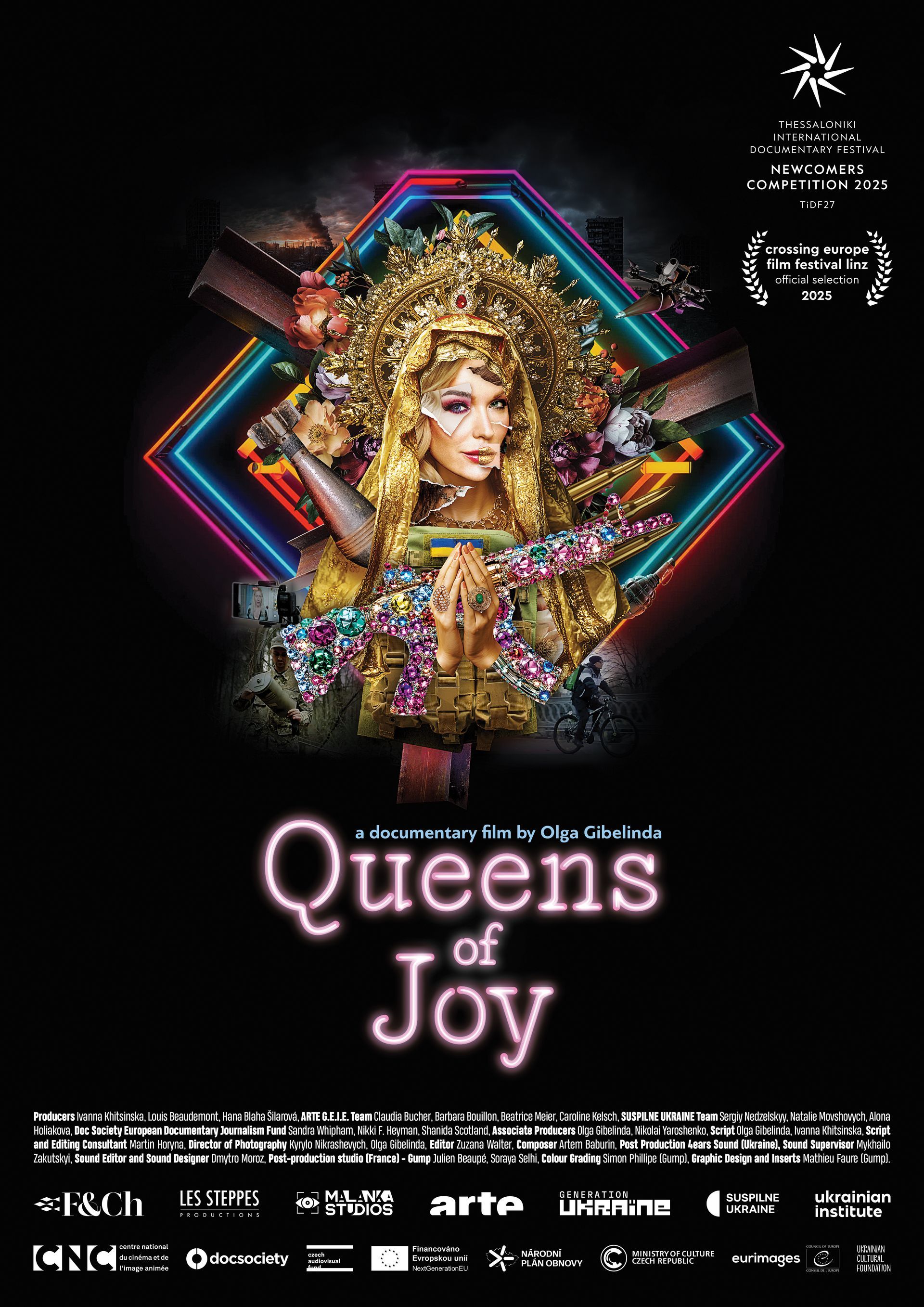 Poster für „Queens of Joy“: eine Drag Queen mit kunstvoller goldener Krone, umgeben von einer neonfarbenen Stadtkulisse.