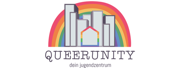 Ein Logo für Queerunity mit einem Regenbogen im Hintergrund