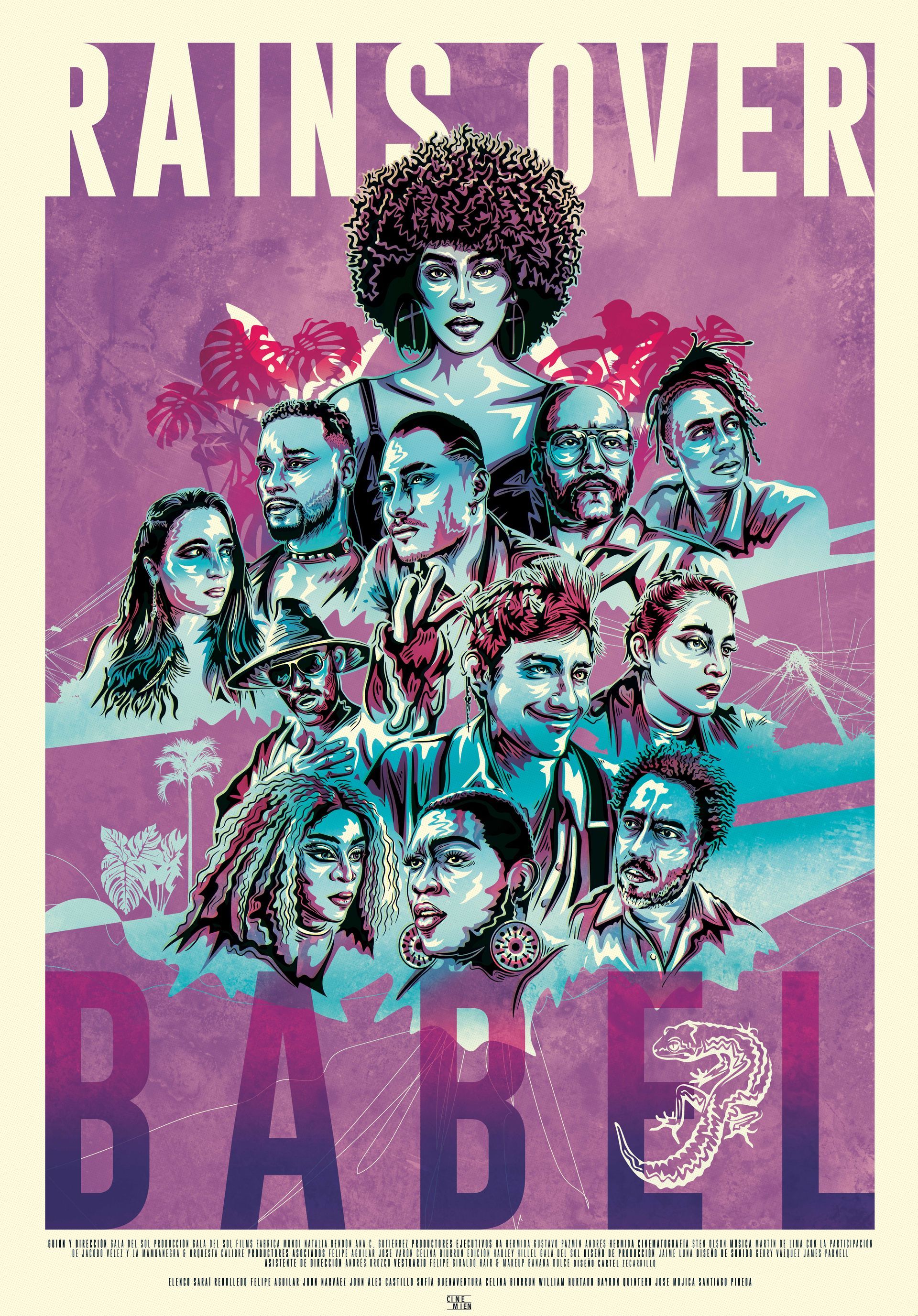 Poster für „Rains Over Babel“: Porträts unterschiedlicher Menschen in Lila-, Blau- und Blaugrüntönen.