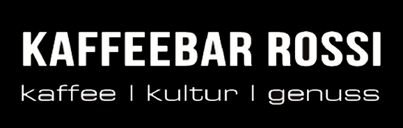 Ein schwarzer Hintergrund mit weißem Text, der Kaffeebar Rossi sagt
