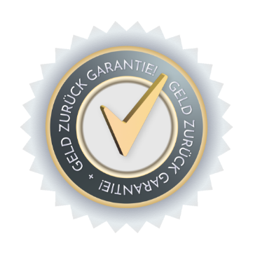 Silver and gold guarantee seal with a gold checkmark and “Geld zurück Garantie” text