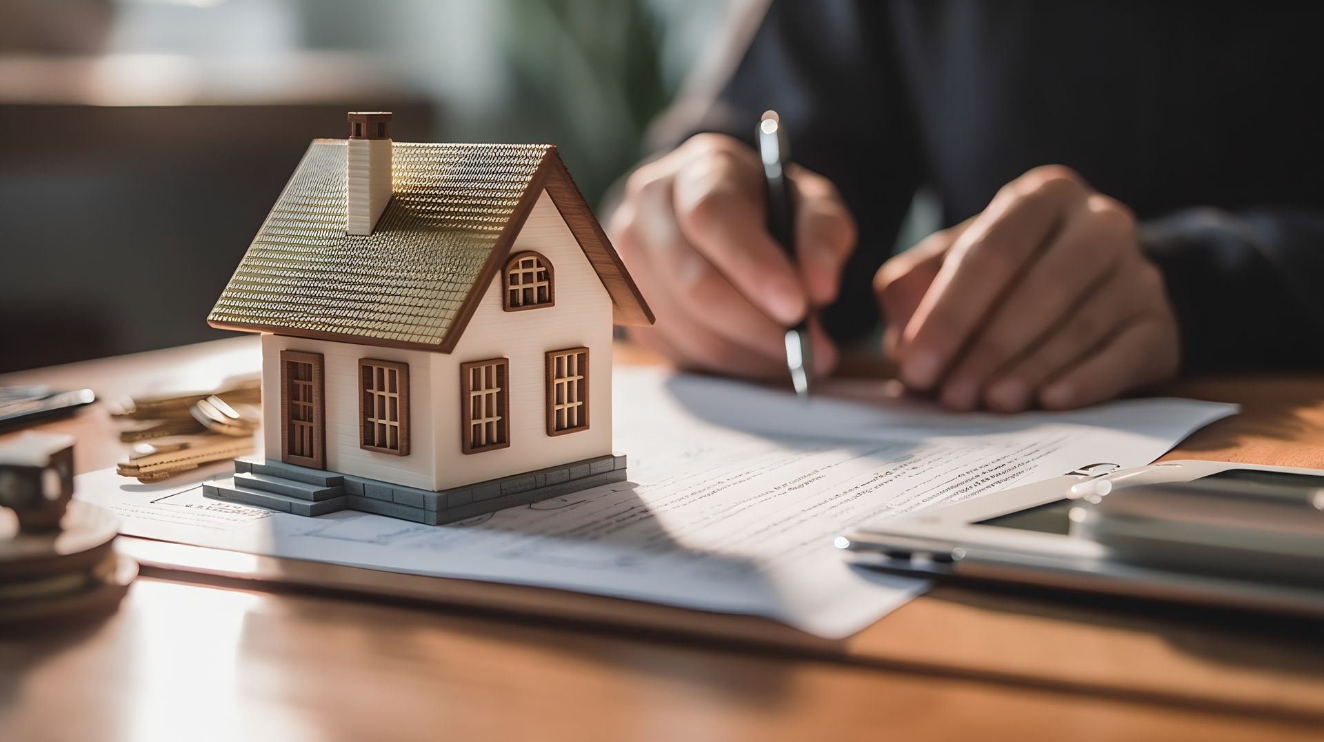 Miniature house next to a person signing a document, likely a real estate transaction.