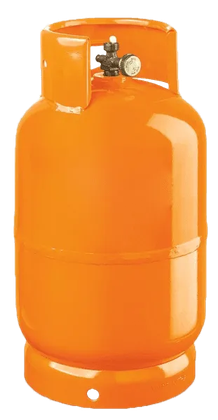 Bombola di gas propano arancione con valvola e anello di base su sfondo bianco.
