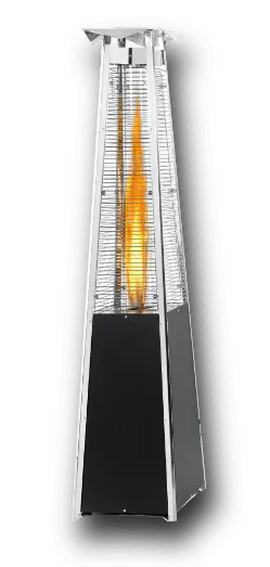 Riscaldatore da esterno alto, di colore argento, con fiamma arancione visibile e base nera.