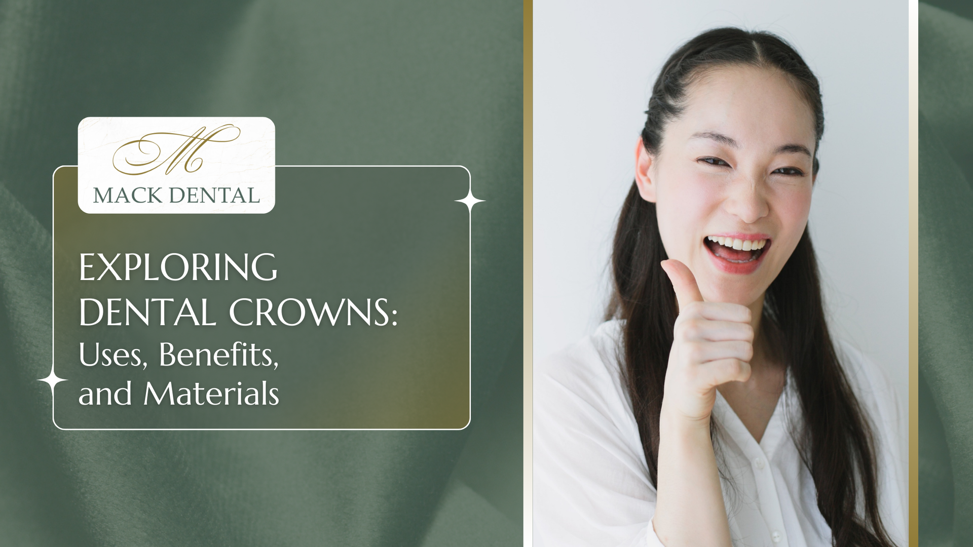 Woman smiles, pointing at teeth. Text overlay: