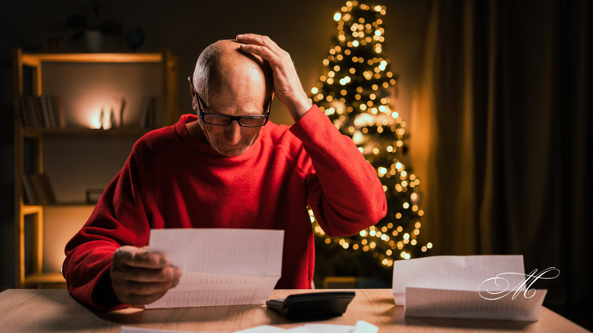 A man in a red sweater is sitting at a table with papers and a calculator in front of a christmas tree.