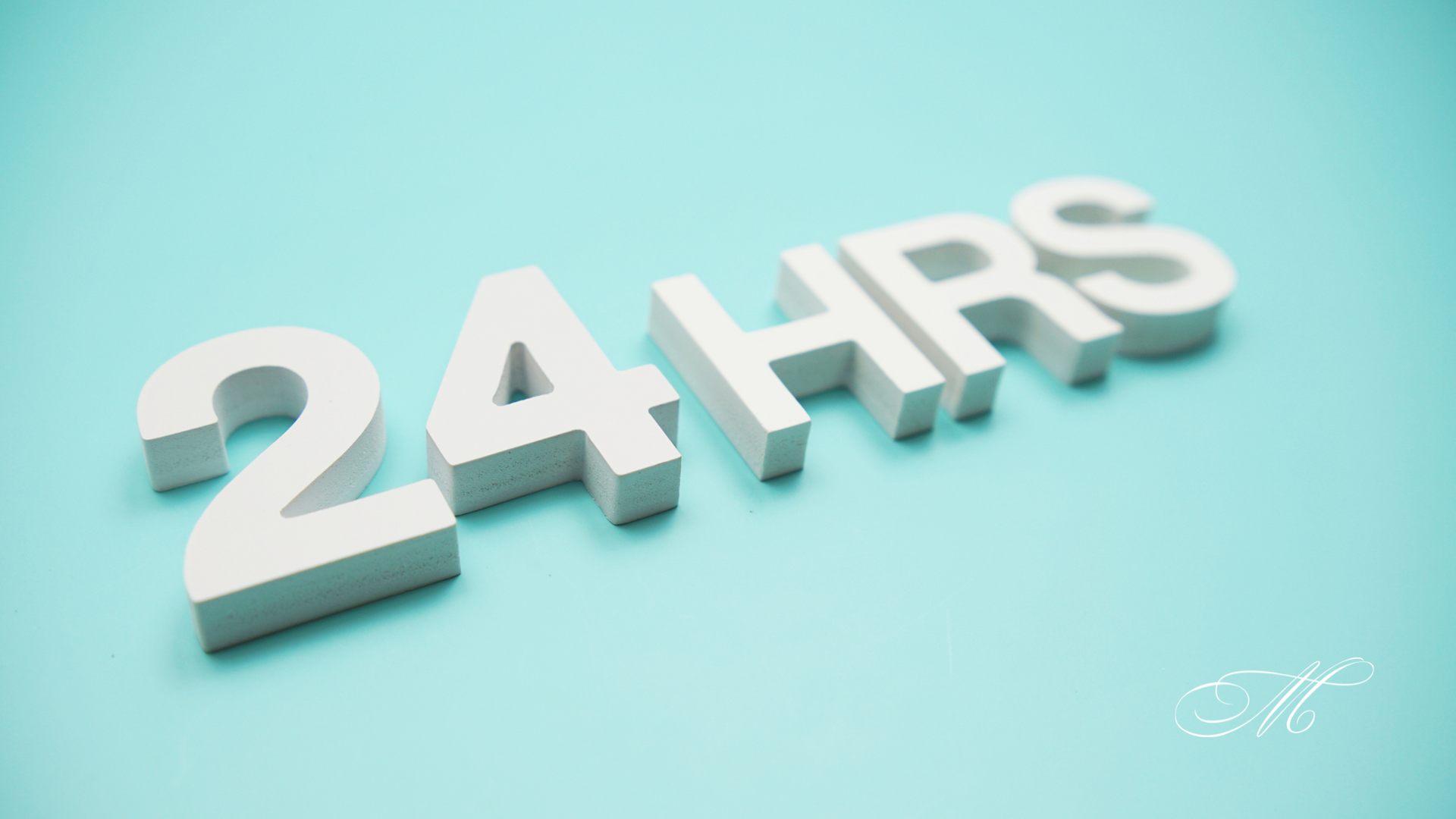 The word 24 hrs is written in white letters on a blue background.