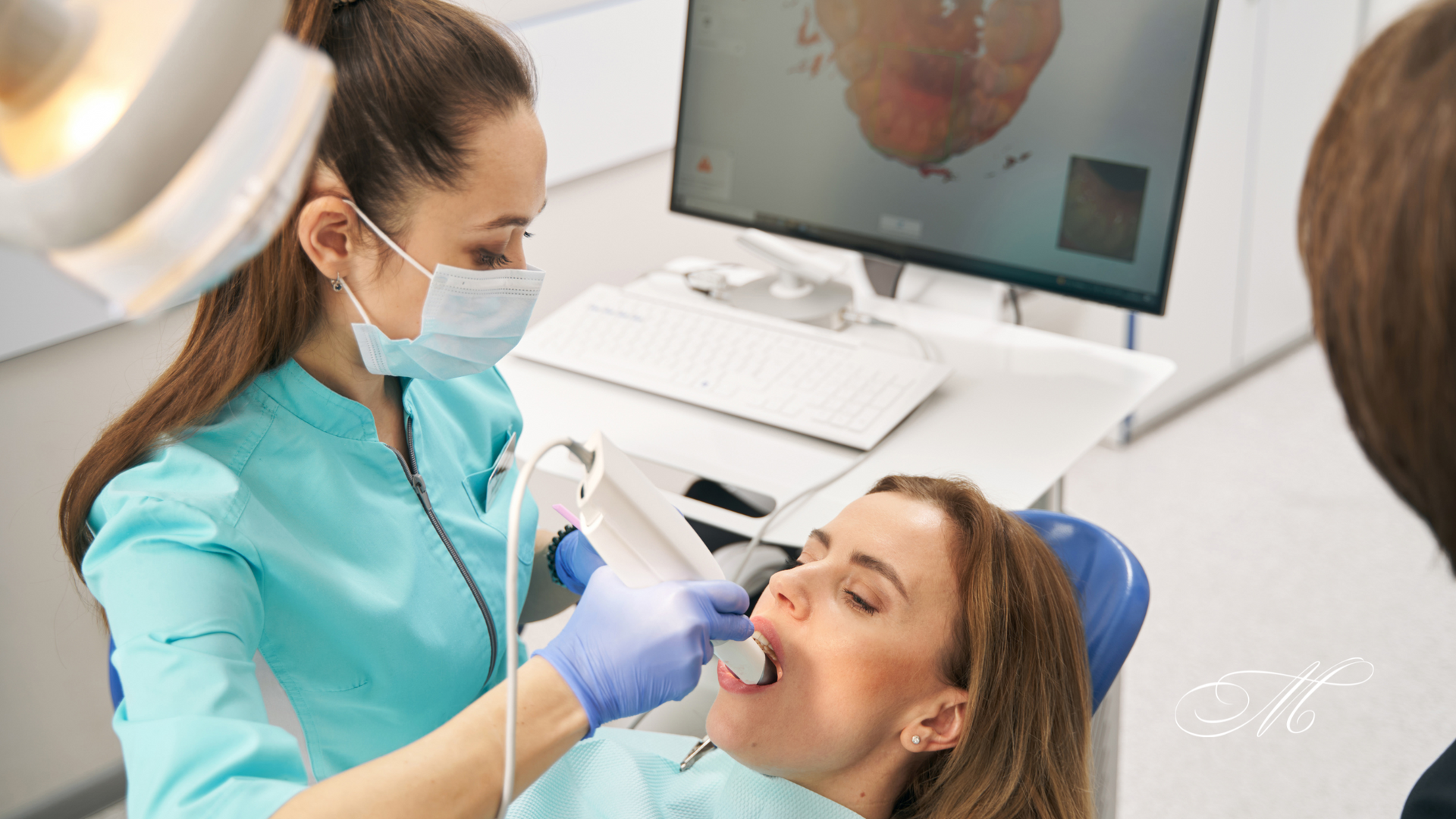 A woman is sitting in a dental chair getting her teeth examined by a dentist.