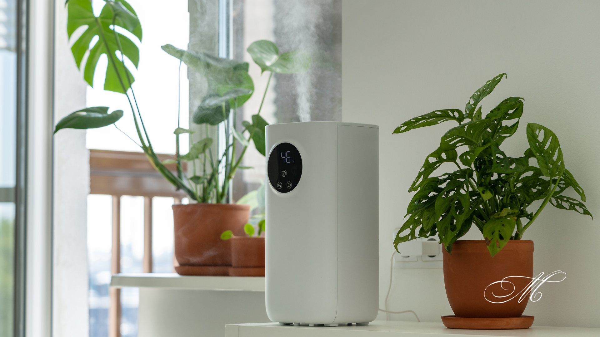 A white humidifier is sitting on a shelf next to potted plants.