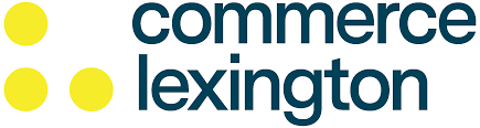 Commerce Lexington logo: Yellow dots next to teal text,