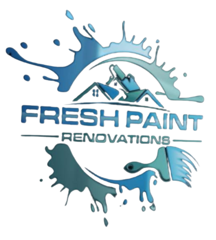 Logo for Fresh Paint Renovations: Blue paint splash with a house silhouette and paintbrush, text overlay.