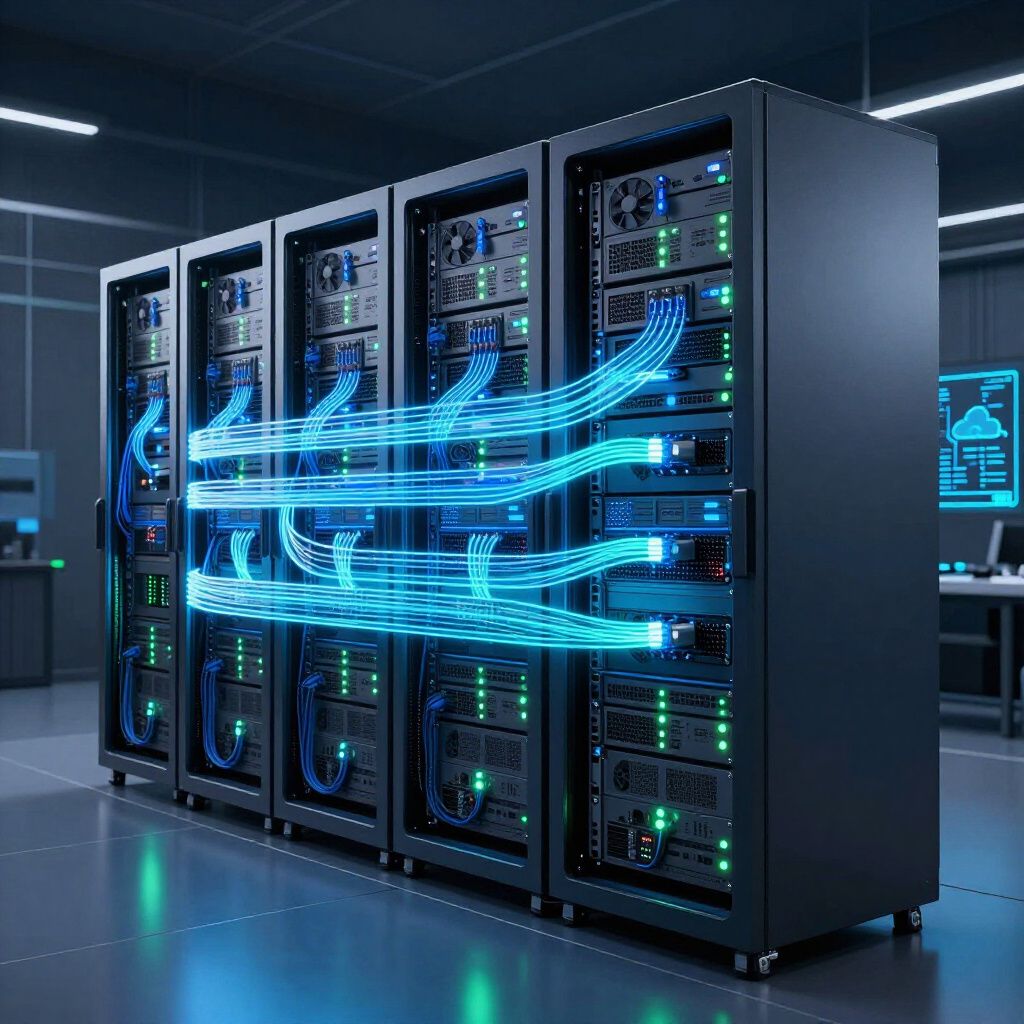 Server racks in a data center, glowing blue connections, teal lights, modern technology setting.