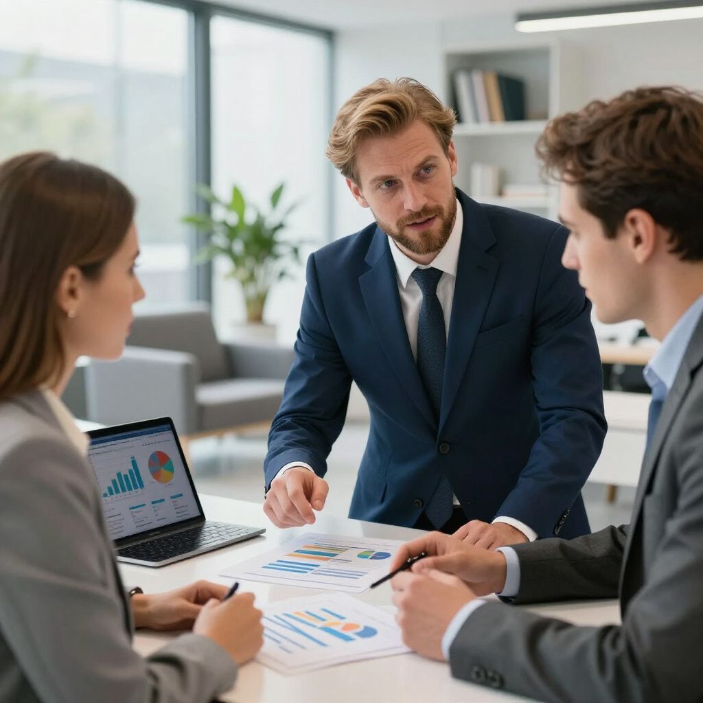 Three people in suits reviewing charts in an office, one pointing at the documents.
