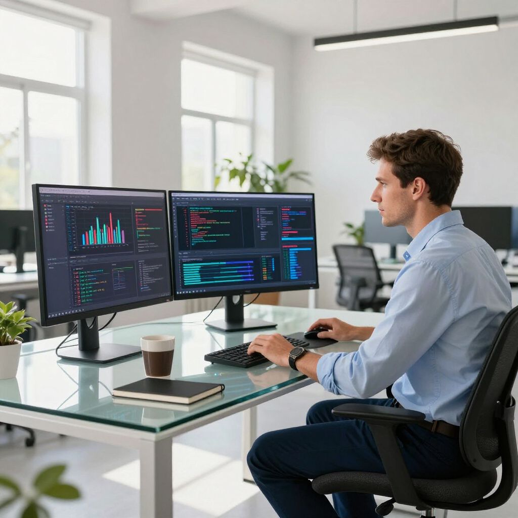 Man working at a desk with dual monitors displaying data and code in an office setting.