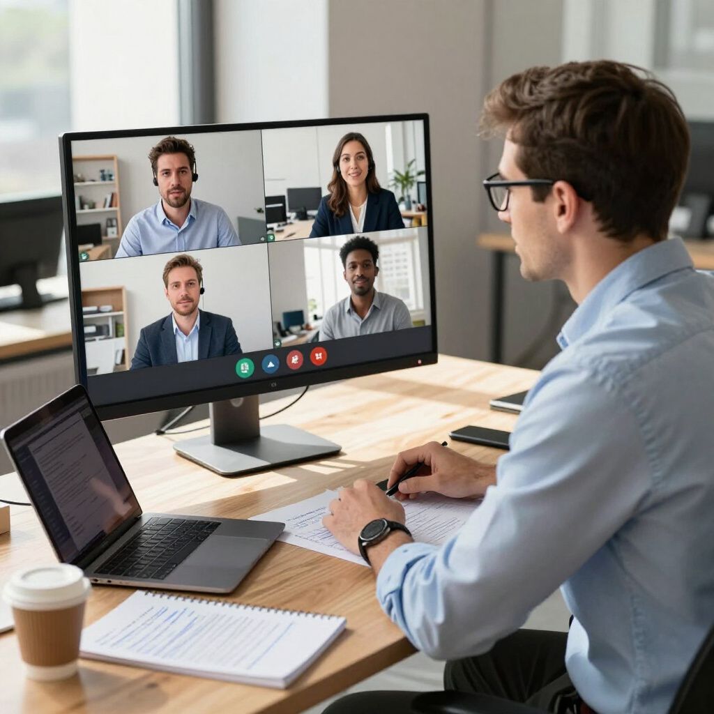 Man in office on video call with four other people; laptop, coffee, and papers on desk.