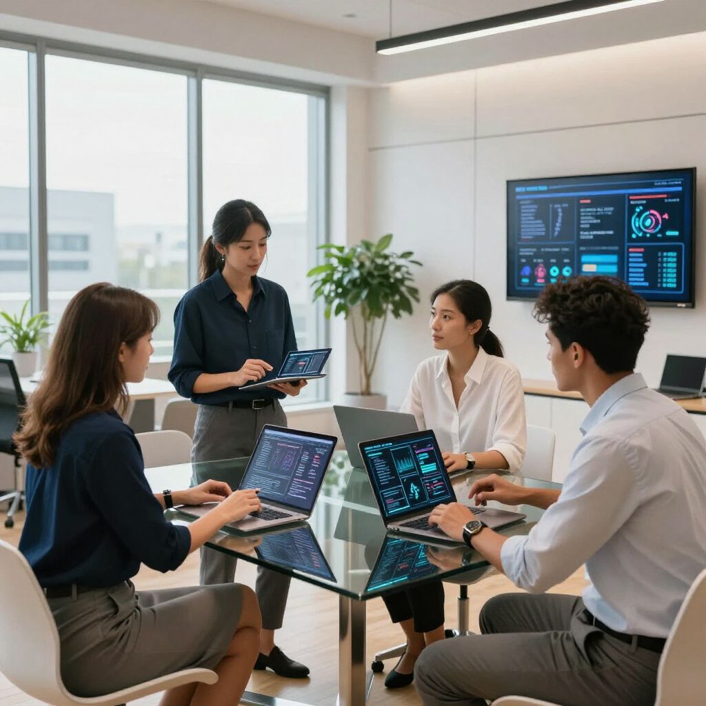 Four people in a modern office meeting, looking at laptops and a screen with data.