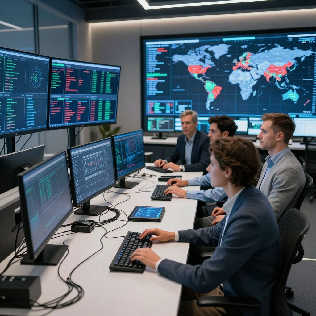 People in suits monitor computer screens in a command center; world map on large display.