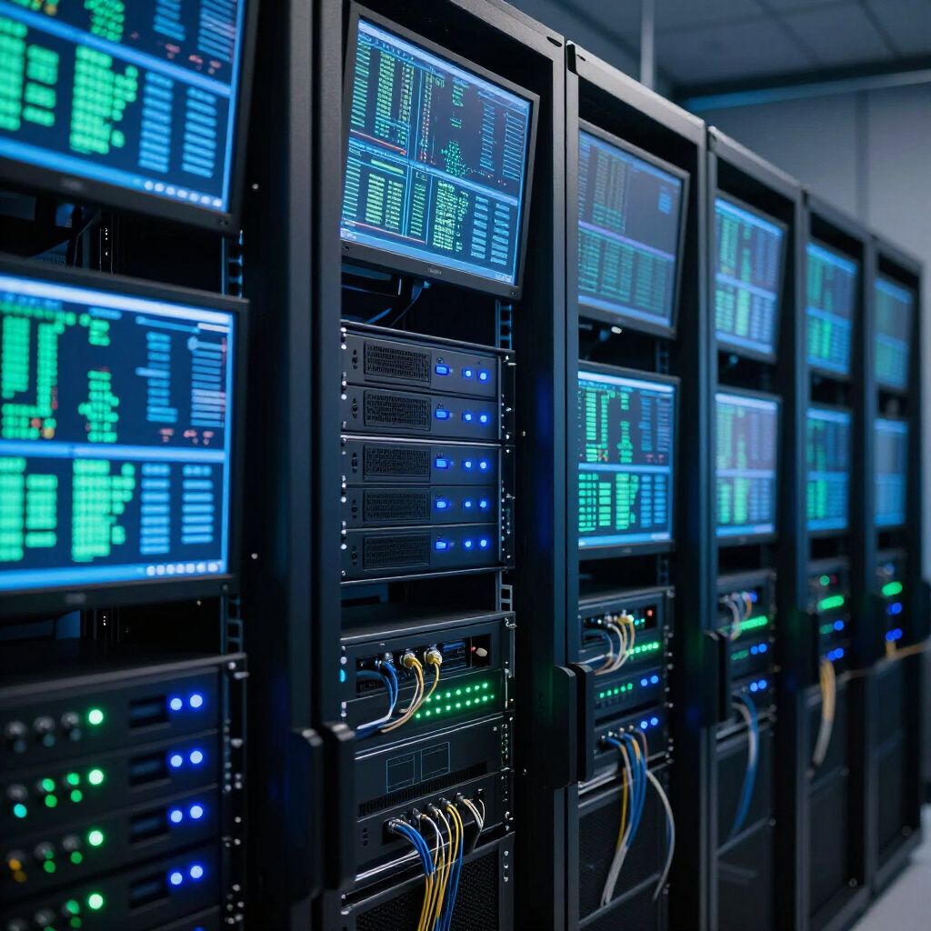 Rows of server racks with monitors displaying data in a data center.