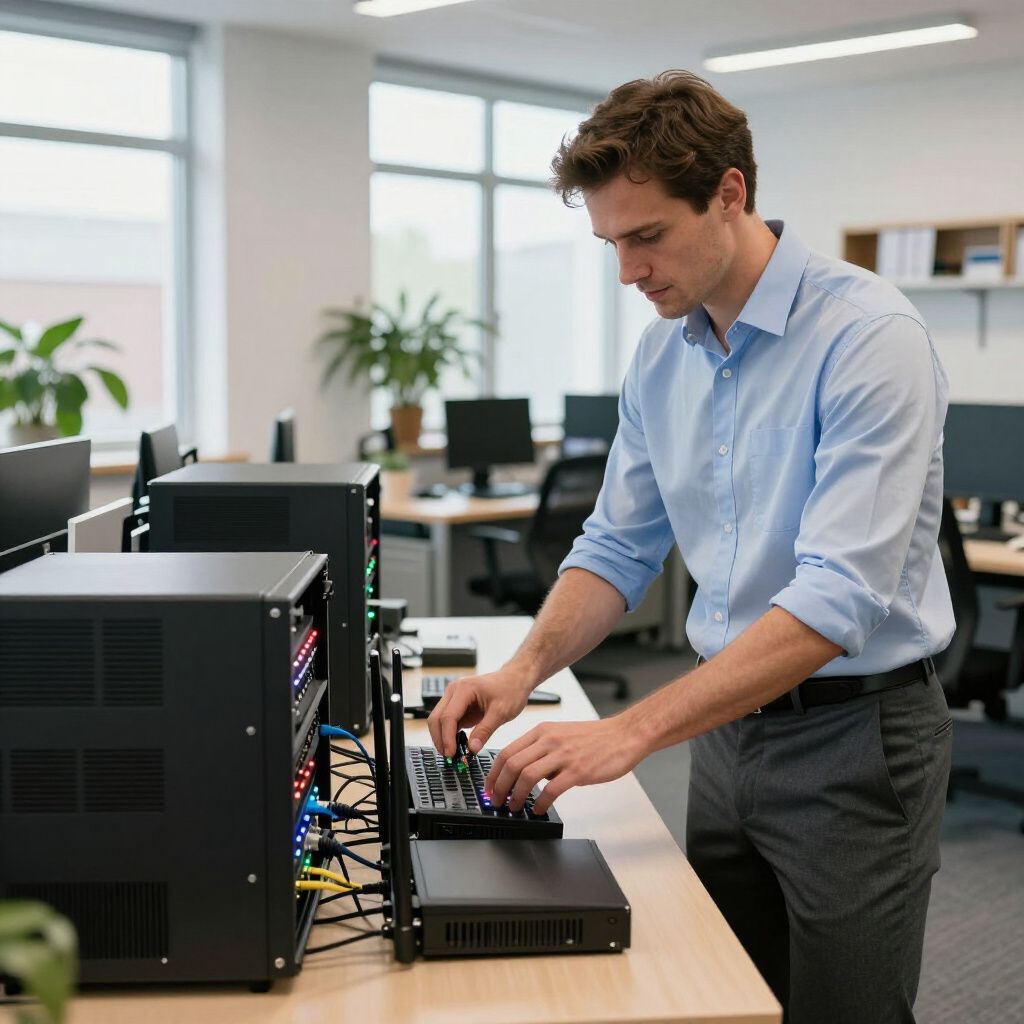 Man adjusting equipment in an office. He wears a blue shirt and stands near server racks and a console.