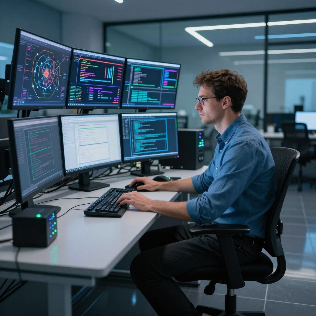 A person seated at a desk with multiple computer screens, coding in a brightly lit office.