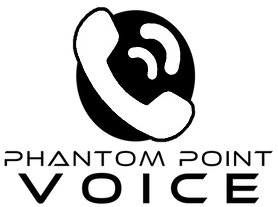 Black and white logo: Phone receiver over sound waves inside a circle, with