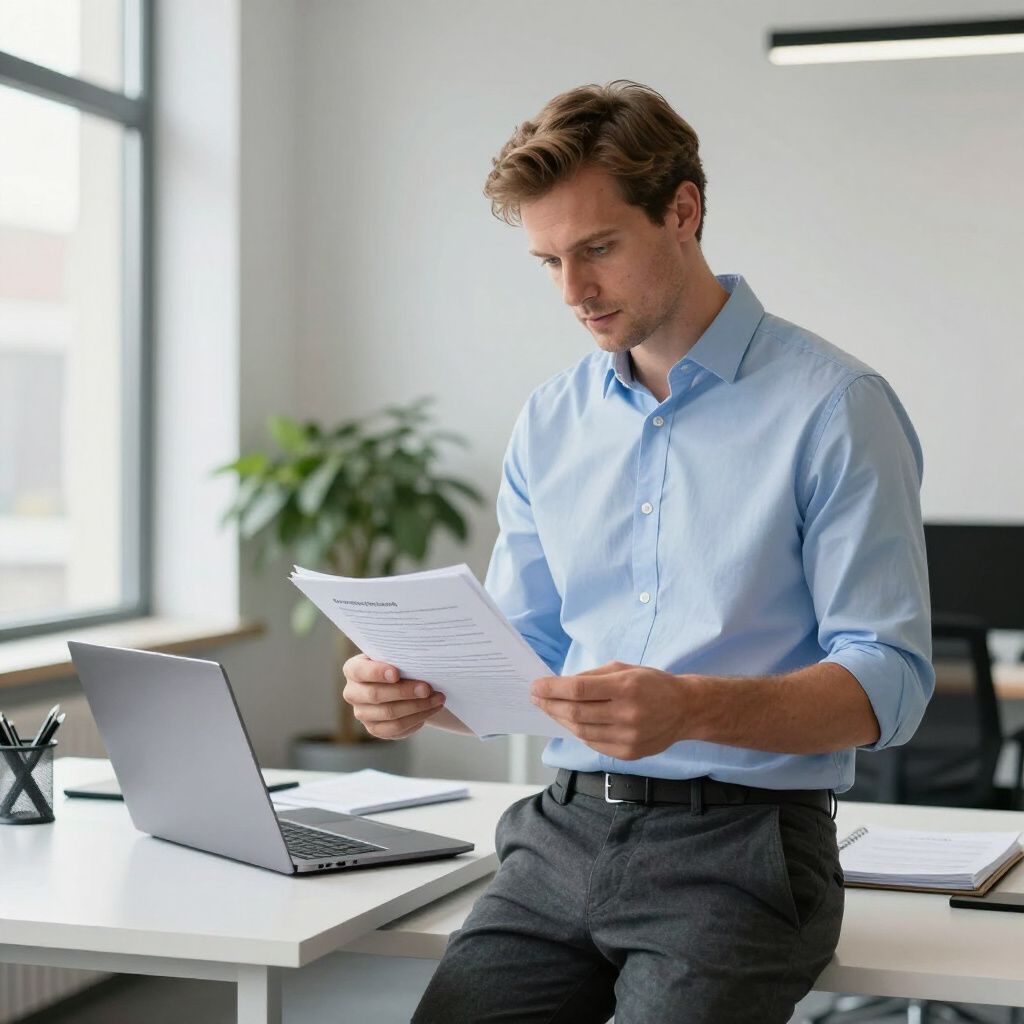 Man in blue shirt and gray pants reviewing documents, leaning on a desk with a laptop in an office.