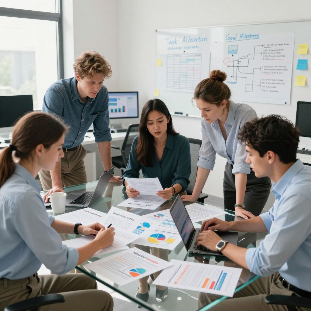 Group of people around a table looking at papers and laptops in an office.