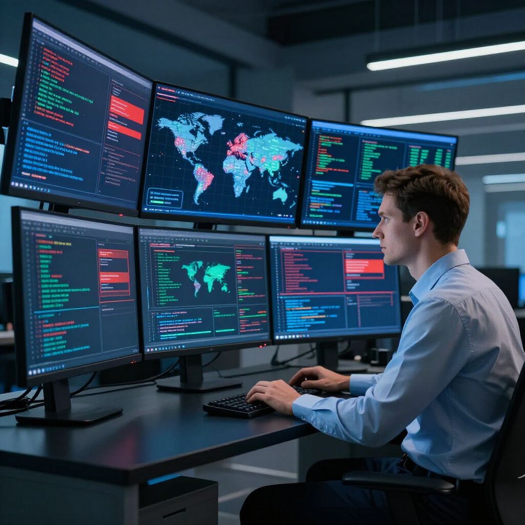 Man using computer with six screens displaying code and world maps in a monitoring center.
