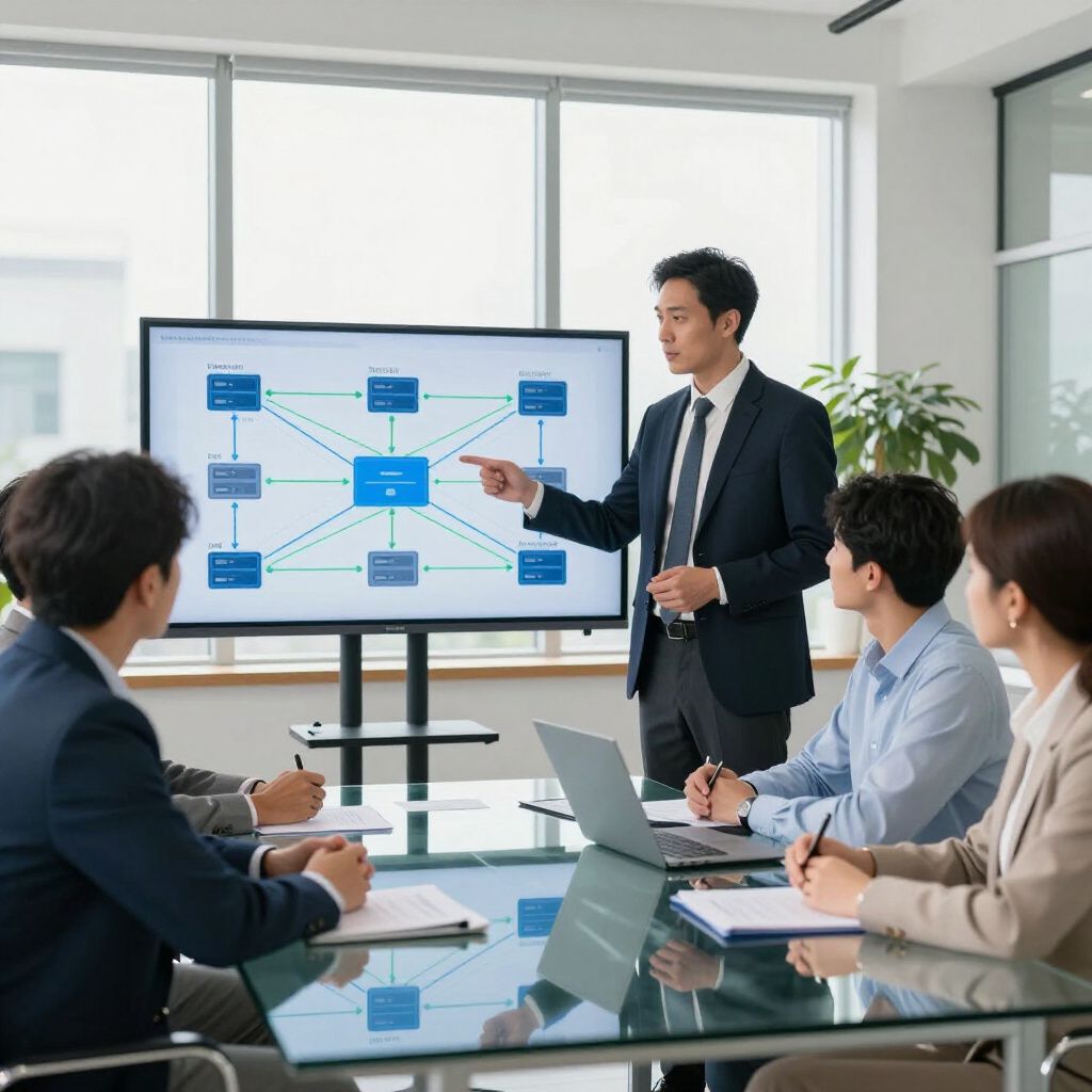 Man presenting a diagram on a screen to a team in a meeting room; pointing at the screen.
